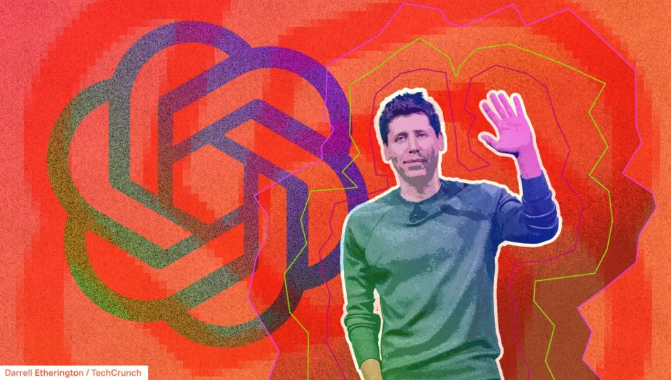 Sam Altman 站在 OpenAI 标志前的插图