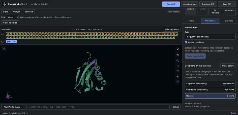 AtomWorks Studio shows the PD-L1 target structure and sequence, a binder segment labeled 50–120 residues, and an annotation panel listing sequence conditioning for 115 residues, coordinate conditioning for 924 atoms, and six hotspot-tagged atoms.