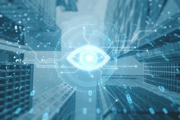 A surveilling eye has node coming out, implying it is watching activity in the nearby structures.