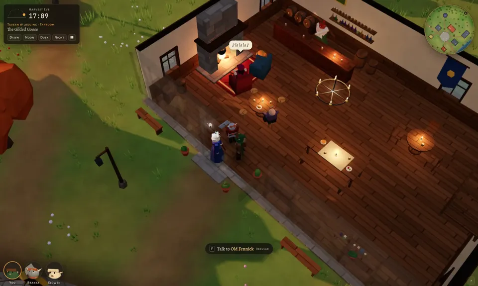 Screenshot of a low-poly 3D top-down fantasy game showing the interior of a cutaway tavern at dusk, with grass, a lamppost and benches outside. Inside, warm candlelight falls on wooden floorboards: a stone fireplace with a figure in a red armchair on a red rug, a blue armchair with an orange cat on it, a long bar with barrels and bottle shelves where a red-haired barkeep stands, a candle chandelier, a cloth-covered table, small round tables with stools and a blue banner with a gold emblem. A group of three adventurers (a white-haired figure in a blue robe, a red-armored figure with a hammer and a green-clad figure) stands just inside the doorway. Top-left panel text: 'Harvest Eve' '17' 'Tavern & lodging · Taproom' 'The Gilded Goose' with buttons 'Dawn' 'Noon' 'Dusk' 'Night' and a pause button. A speech bubble above the fireplace reads '♪ la la la ♪'. A circular minimap sits at top right marked 'N'. Bottom center prompt: 'F Talk to Old Fennick Regular'. Bottom-left party portraits labeled 'You' 'Brakka' 'Elowen'. A '?' button sits at bottom right.