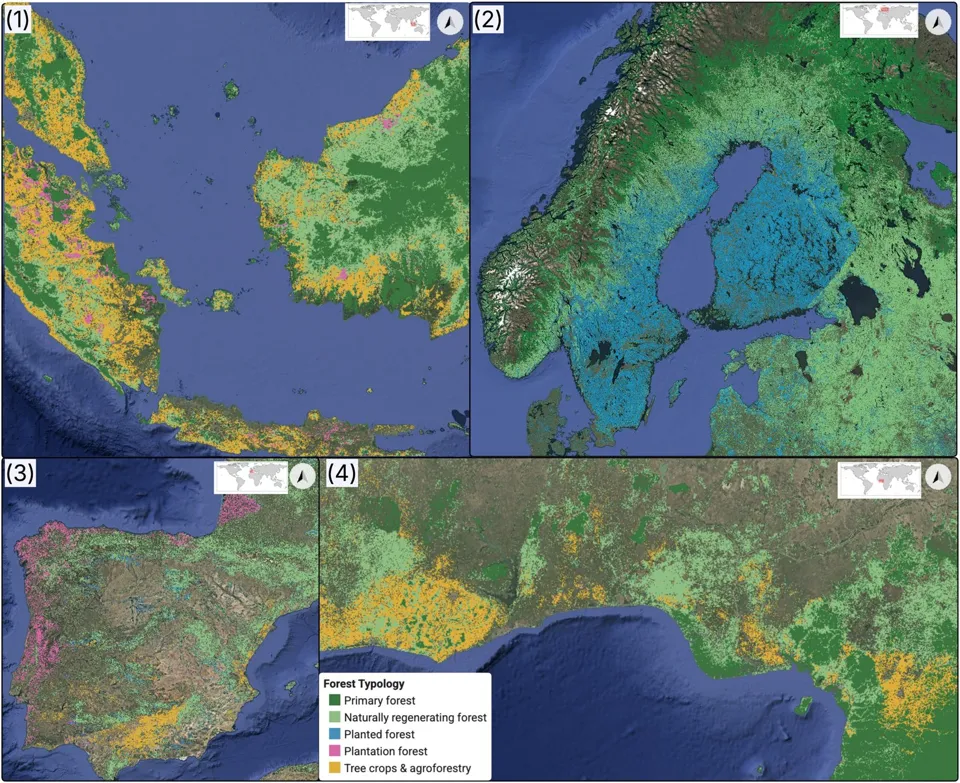 Tree crops and plantations dominate in Southeast Asia, while planted forests account for most of the forest area in Sweden and Finland.