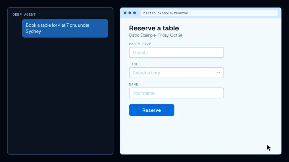 A deep agent books a table. On the left, the agent calls snapshot, which labels the page's interactive elements e3, e5, e7, and e9, then one run call with four actions. On the right, a cursor fills in party size, picks 7 PM, types the name Sydney, and clicks Reserve, and the page confirms the booking.