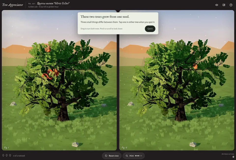 Screenshot of a web game called Tree Appreciator, a spot-the-difference puzzle showing two side-by-side 3D renders of the same leafy green oak on a grassy hill at golden hour, with orange low-poly hills and a hazy sky behind and pale rocks in the grass. The left tree (Fig. i) has a small brown-and-orange bird perched near the top and a cluster of red-orange autumn leaves in its left canopy; the right tree (Fig. ii) has a small orange squirrel on a branch right of center. Header text: 'Tree Appreciator' 'No. 001 Quercus aurata 'Silver Echo'' 'Golden oak · A low hill at golden hour', with sound, book and help icons at top right. A popup over the scene reads: 'These two trees grew from one seed.' 'Three small things differ between them. Tap one in either tree when you spot it.' 'Drag to turn both trees. Pinch or scroll to look closer.' with a 'Got it' button. Panel labels: 'Fig. i' 'Fig. ii'.