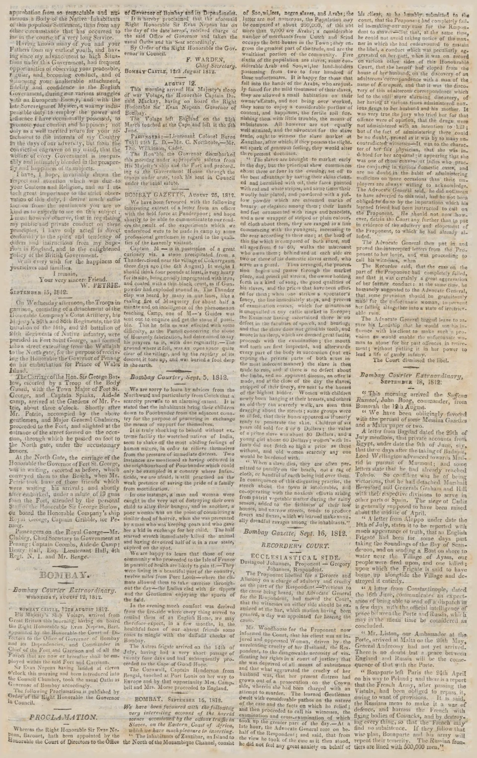 Newspaper excerpt headed Bombay Gazette, August 26, 1812, describing Captain M’s stone fallen from a thundercloud, its iron content, and its thin black crust.
