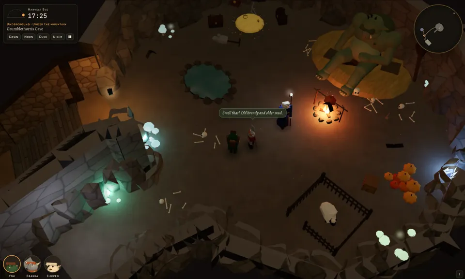 Screenshot of the same low-poly fantasy game, now in a dim underground cave lit by a campfire with a spit roast, glowing pale mushrooms and blue crystals. A huge green troll lies asleep on a straw bed at top right, surrounded by scattered bones and skulls. The cave also holds a small round pool ringed with stones, a yellow rug, chests, a fenced pen with a sheep, a pile of orange pumpkins and a stone stair down the left side. The party stands in the center: the green-clad figure and the red-armored figure facing the blue-robed figure holding a glowing staff by the fire, who says in a speech bubble 'Smell that? Old brandy and older mud.' The location panel reads 'Harvest Eve' '17' 'Underground · Under the mountain' 'Grumblethorn's Cave'.
