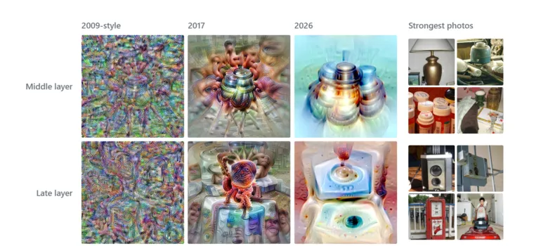Image 3: Vergleich zweier Neuronen mit drei Visualisierungsmethoden und zugehörigen Fotobeispielen.