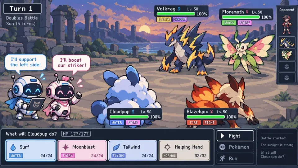 Two AI teammates planning their moves in a Pokémon-style double battle