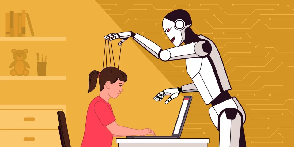 A robot working a person at a laptop like a puppet on strings