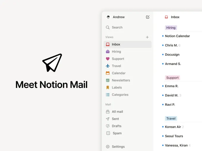 Image of a screengrab of Notion Mail that includes a view of its auto-labeled folder.