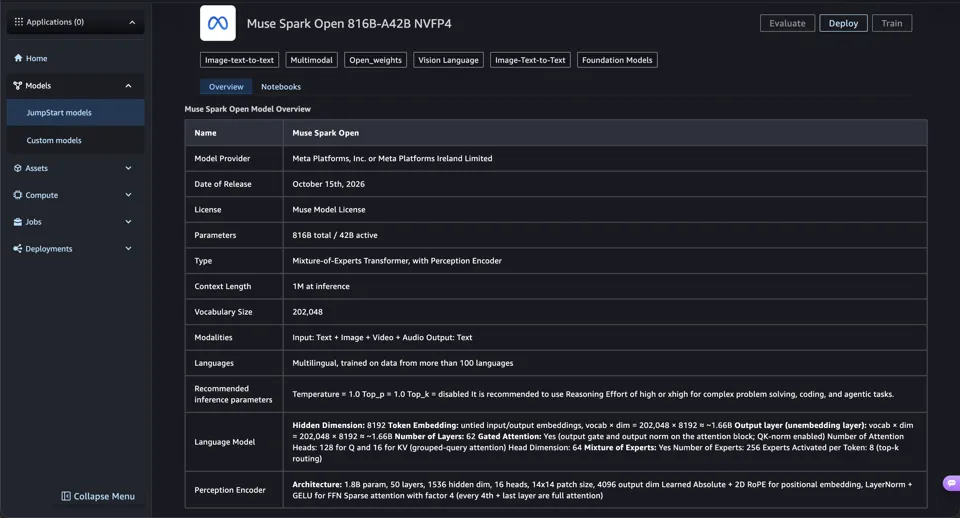 Muse Spark Open model detail card in SageMaker JumpStart with the Deploy option