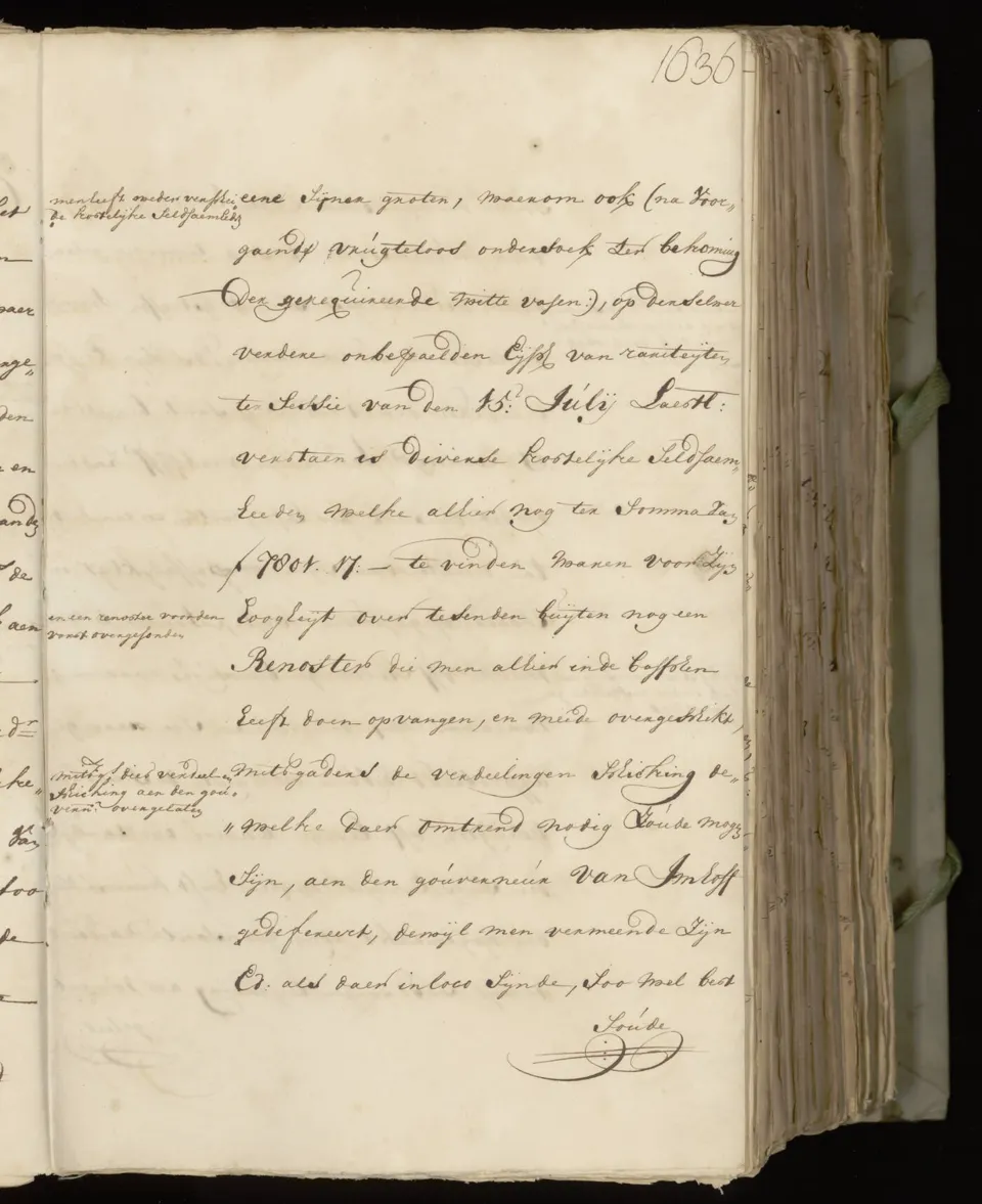 A handwritten page from Batavia’s 1739 correspondence, with a reference to a rhinoceros in the lower half of the page.