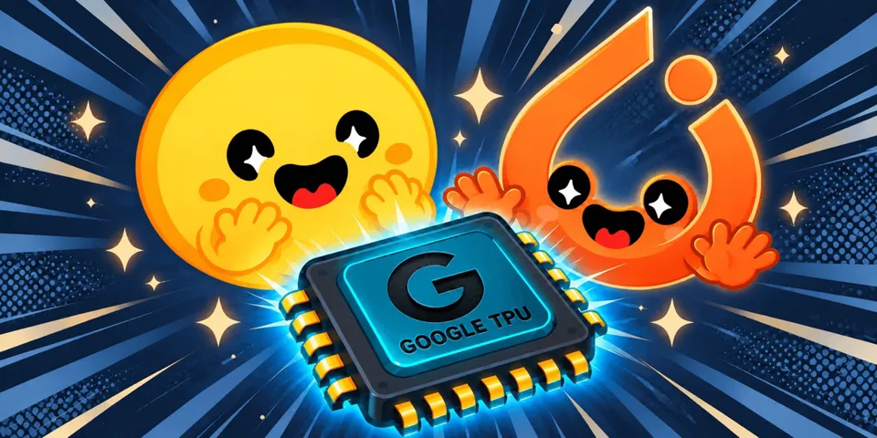 The Hugging Face mascot and a smiling PyTorch logo cheering over a glowing chip, on a manga-style background.