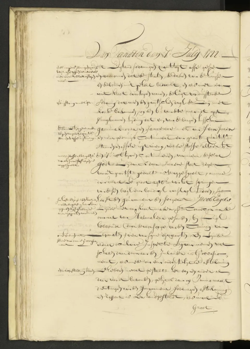 A handwritten Dutch letter dated 7 July 1722 from Ternate, preserved in a bound archive volume.