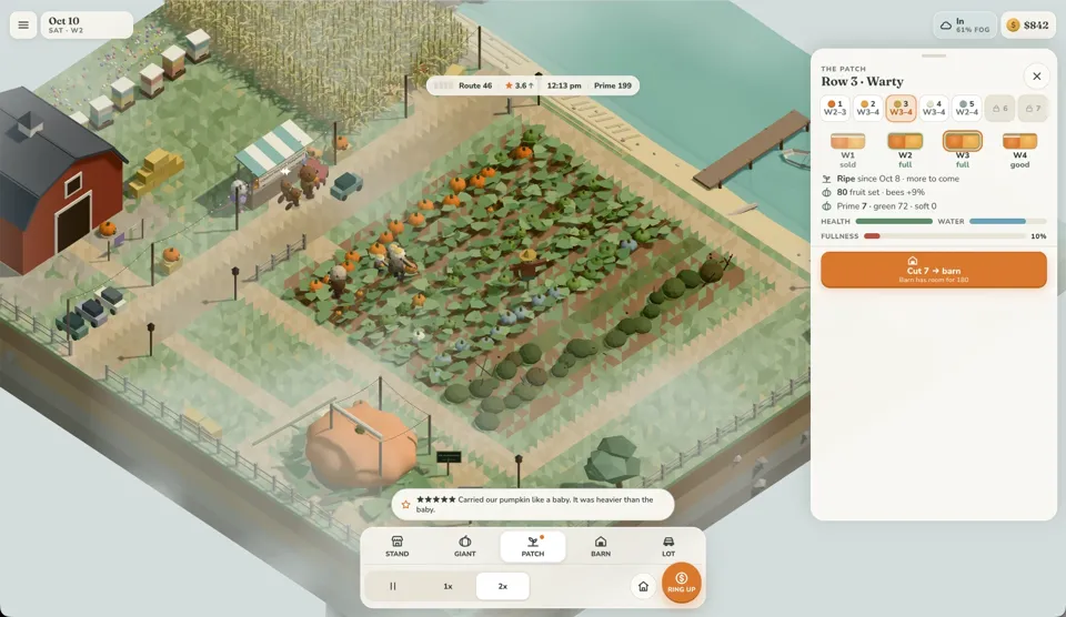 Screenshot of an isometric low-poly pumpkin farming game. In the bottom left, a huge giant pumpkin, far bigger than anything around it, sits in its own fenced plot under string lights. Beyond it are rows of pumpkin vines with a scarecrow and animal visitors (pelicans, beavers and otters) picking pumpkins and browsing the farm stand, plus a red barn, beehives, a cornfield, parked cars and a dock on the water, with fog drifting across. A side panel shows stats for the patch row 'Row 3 · Warty' with a 'Cut 7 → barn' button, and a customer review at the bottom reads '★★★★★ Carried our pumpkin like a baby. It was heavier than the baby.'