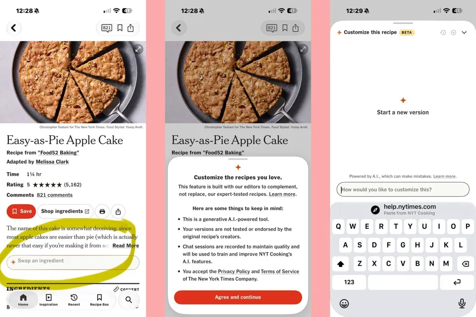Three screenshots showing where the NYT Cooking AI recipe adjusting tool is located and how to use it.