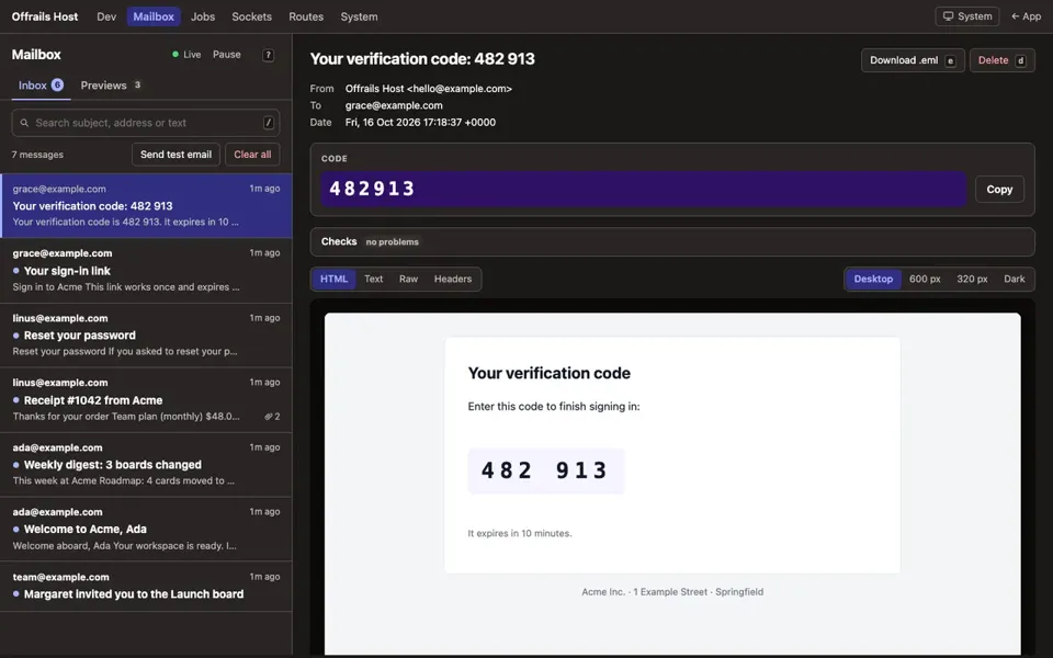 The dev mailbox: an inbox of sample emails on the left; on the right a verification code email with the code pulled out beside a Copy button, a Checks bar with no problems, and HTML, Text, Raw and Headers tabs with Desktop, 600 px, 320 px and Dark previews.