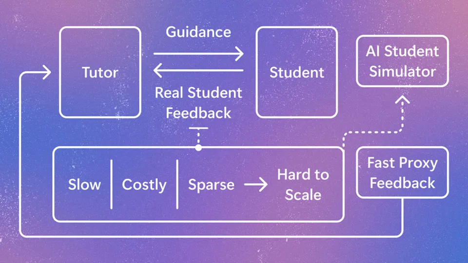 A conceptual diagram of the feedback loop required to improve an AI tutor. The middle part of the figure shows that a human teacher gives guidance to a real student and receives the student’s feedback, but this feedback is slow, costly, sparse, and hard to scale. On the right panel of the figure, an AI student simulator is trained from real student feedback and serves as a fast proxy for the student during tutor development.