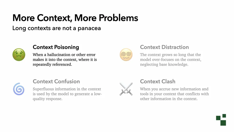 More Context, More Problems: long contexts are not a panacea. Four failure modes: Context Poisoning, when a hallucination or error is repeatedly referenced; Context Distraction, when the model over-focuses on a long context and neglects base knowledge; Context Confusion, when superfluous information produces low-quality responses; and Context Clash, when new information and tools conflict with other information in the context.