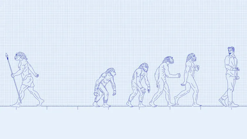 a Neaderthal exits to the left as the evolution of ape to modern man continues progressively to the right