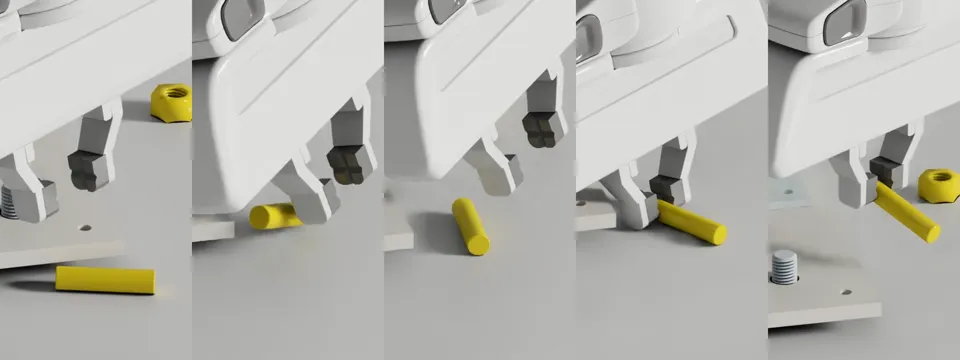 五帧画面显示指尖推动 8 mm 杆穿过表面，随后夹爪抓取并抬起。