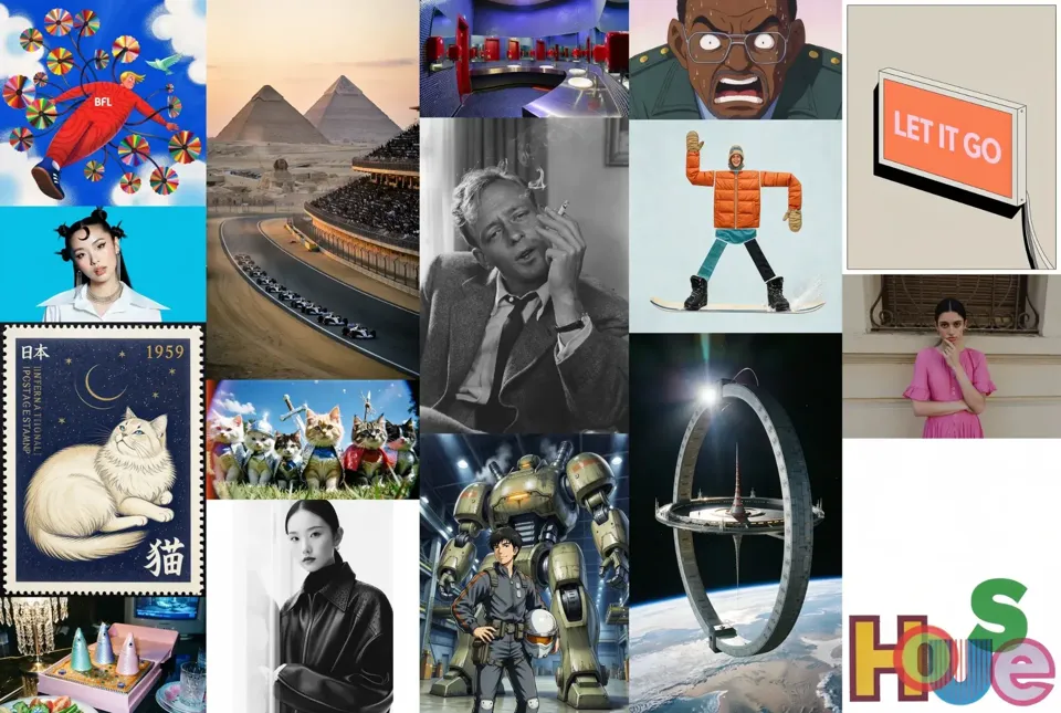 Collage of FLUX 3 Image Klein outputs: illustration, portraits, photography, anime, a stamp design and typography.